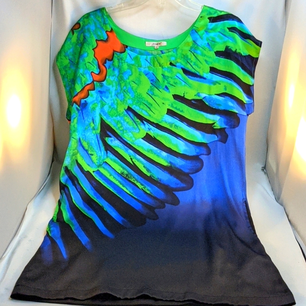 Silk tunic with pockets blue green black orange; 6